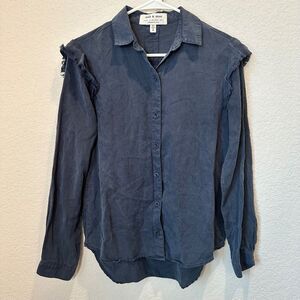 Anthropologie Cloth & Stone Navy Blue Tencel Lyocell Ruffle Button Front Top XS